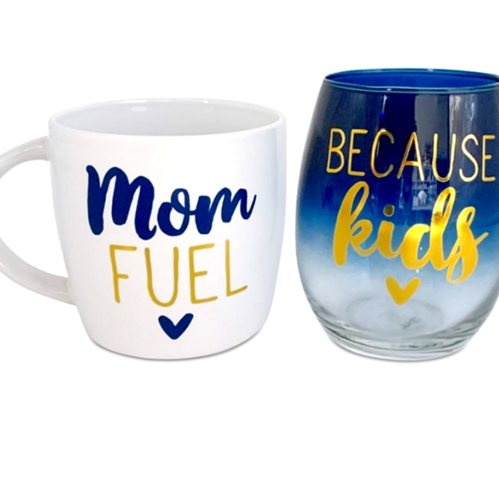 Mom Fuel Coffee Mug and Wine Glass 2 pc Set in a Box